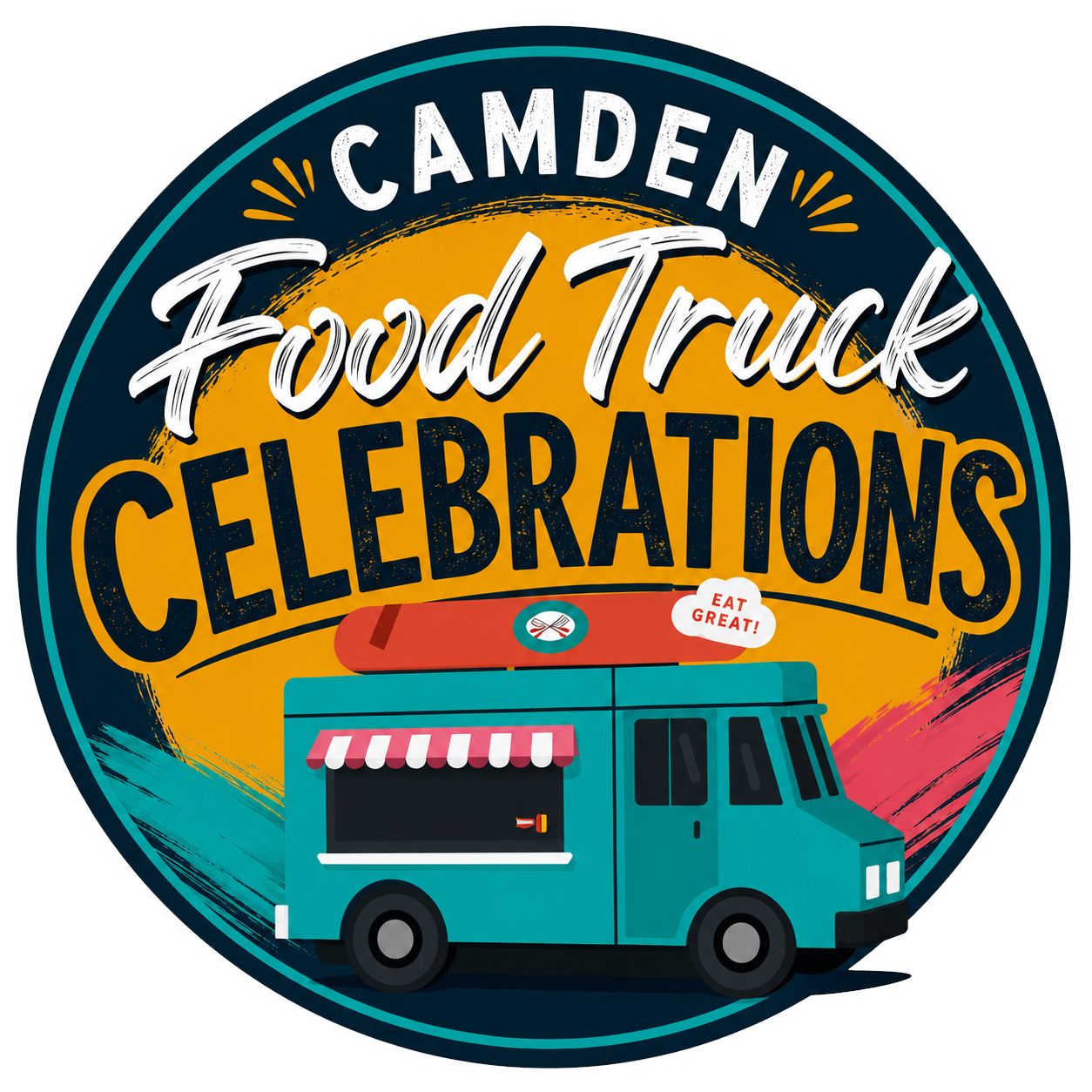 Circle image of a food truck with words Camden Food Truck Celebrations
